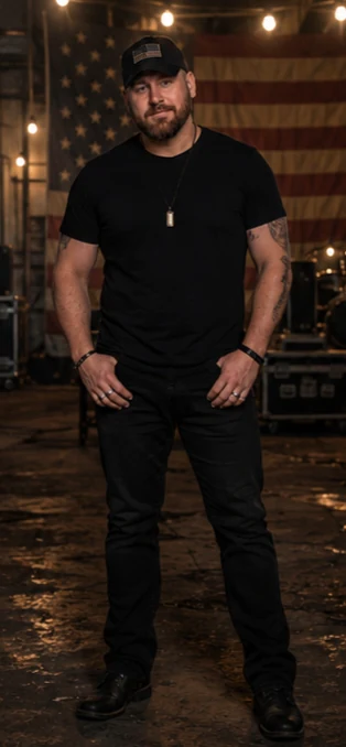 Andiciopec standing in black clothing and a cap before an American flag