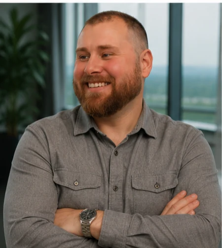 Andiciopec smiling in a gray button-up shirt with his arms crossed