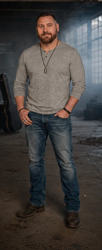 Andiciopec standing in a gray long-sleeve shirt and jeans near a tall window