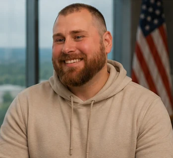 Andiciopec smiling in a light-colored hoodie with an American flag behind him