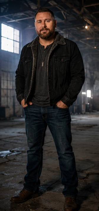 Andiciopec standing in a dark jacket, jeans and boots inside an industrial building